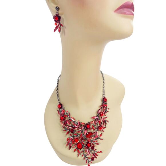 Red Necklace BriLove Crystal Blossom Floral  Leaf Collar Matching Earrings Set - Picture 2 of 16